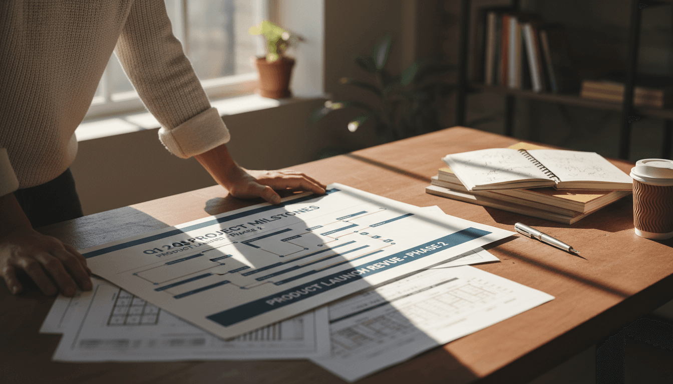 Project manager reviewing strategic timeline and planning documents