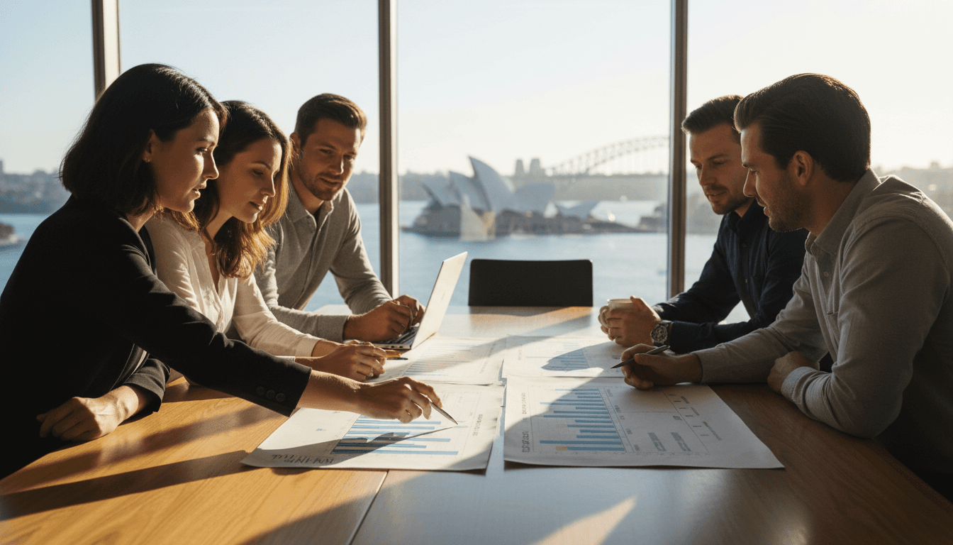 Project team reviewing timeline charts in Sydney office