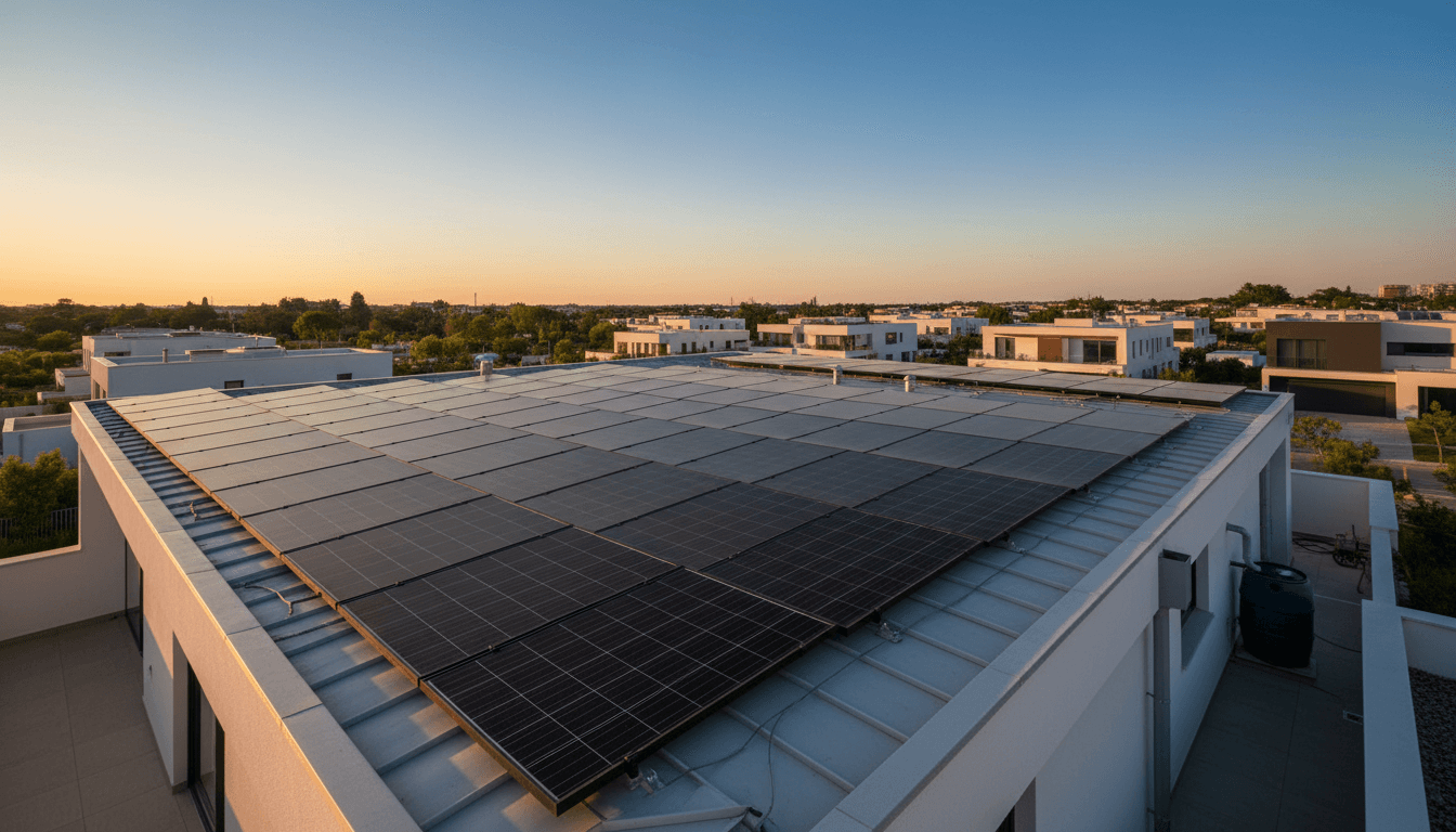 Residential rooftop with installed solar panels gleaming in golden hour sunlight overlooking suburban neighborhood