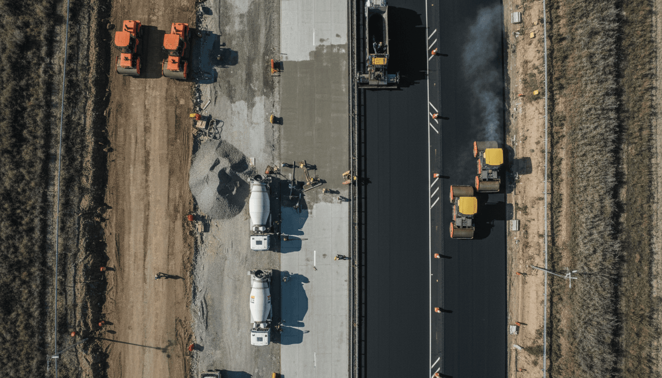 Aerial view of road construction project showing asphalt work, equipment, and construction stages