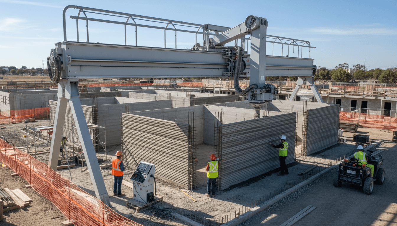 Wide construction site view of operational 3D concrete printer building residential structure with workers and equipment visible.