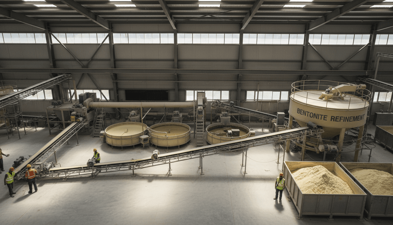 Overhead view of bentonite processing facility with conveyors, equipment, and workers managing material flow and production workflow